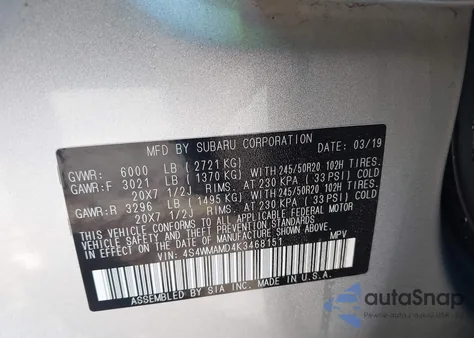 2019 Subaru Ascent Limited z USA, uszkodzony, nr VIN 4S4WMAMD4K3468151